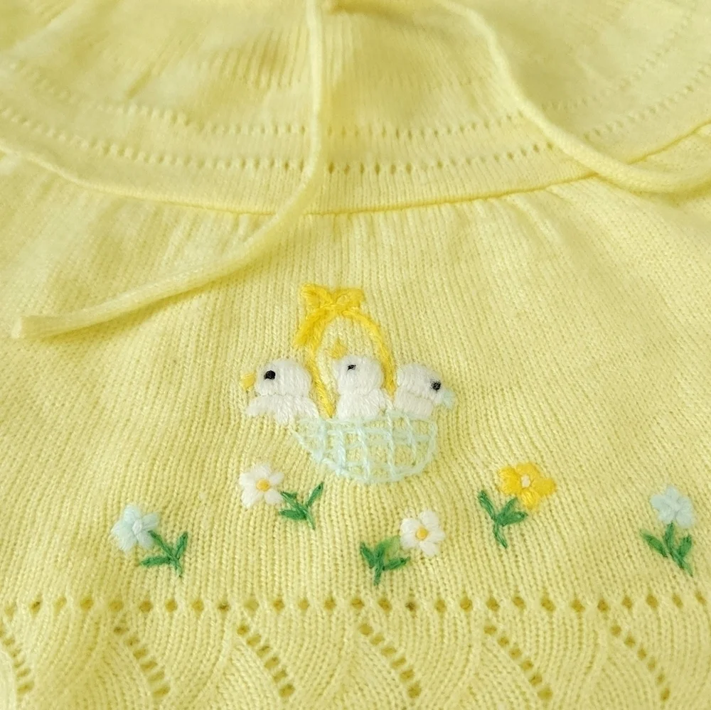 Vintage Yellow Knit Embroidered Chicks Easter 2 Piece Sweater Set 3 Mo